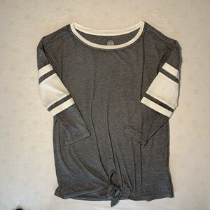 SO Grey & White Striped 3/4 Sleeve Top With Tie Detail